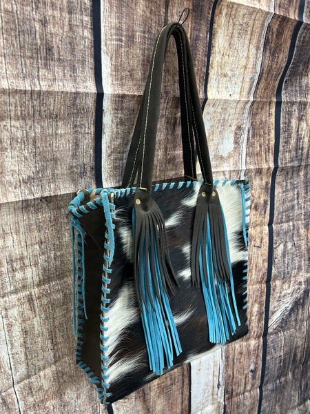 Hair On Leather Tote Bag Laced in Torqouise Suede Handmade