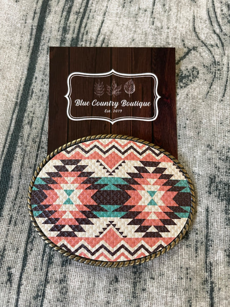 Rope Edge Aztec Peach, Teal Cream Aztec Belt Buckle