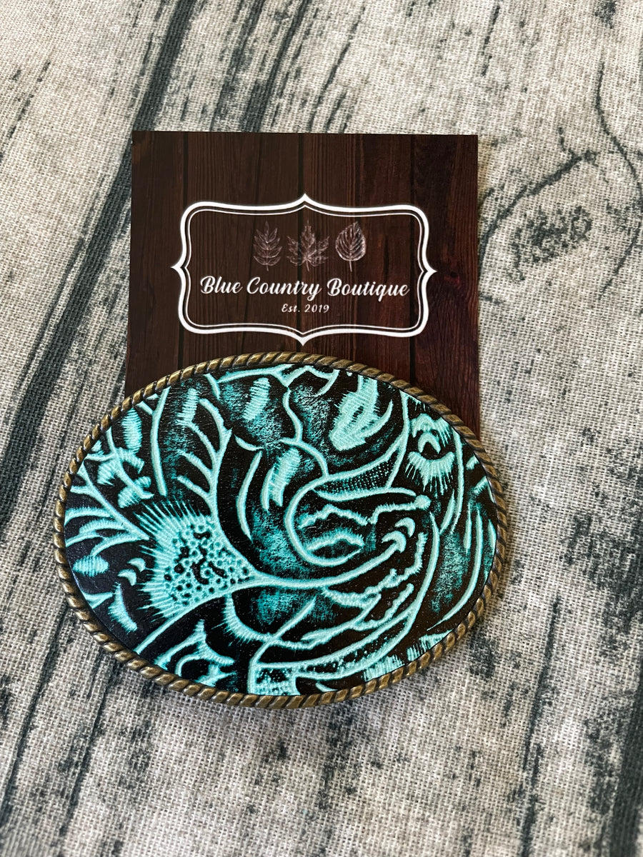 Western Turquoise Sun And Floral Lace On Belt Buckle Salt Pepper