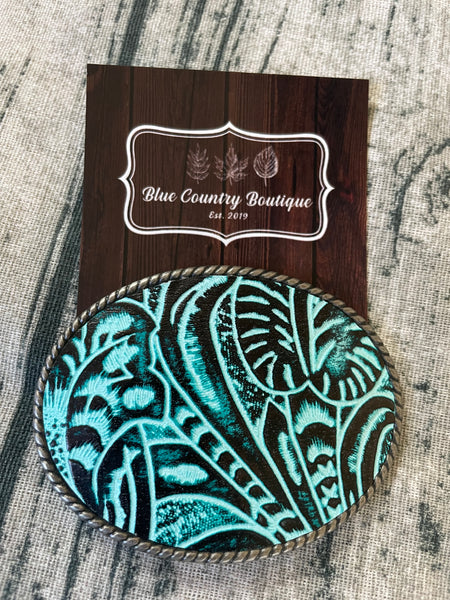 Rope Edge Turquoise Western Floral Belt Buckle