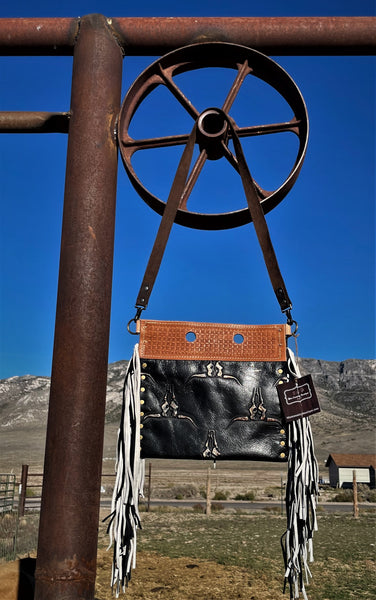 Longhorn Black Leather Bag~Hand Tooled Top Cross Body Bag