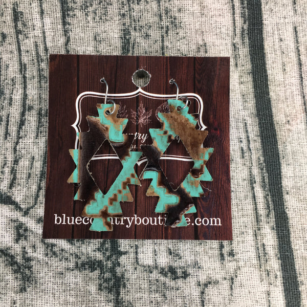 Aztec Teal/Brown Leather Earring