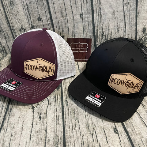 CowGirlin rodeo custom leather patch hat
