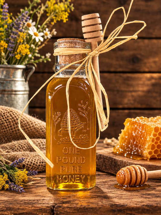 Raw Unfiltered Honey 16 oz Glass Jar with Cork and Honey Stick