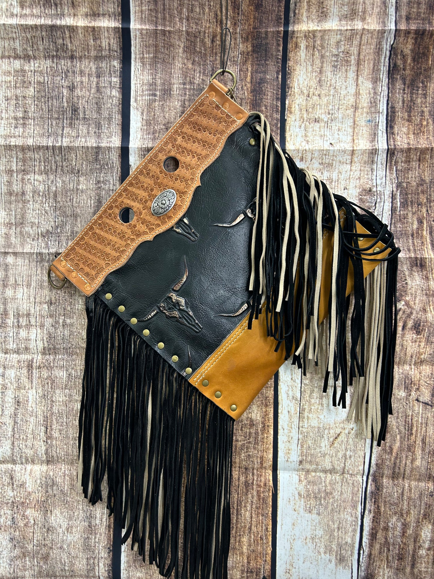 Western Crossbody Purse Hand Tooled Real Leather Black Steer with Gold Accent