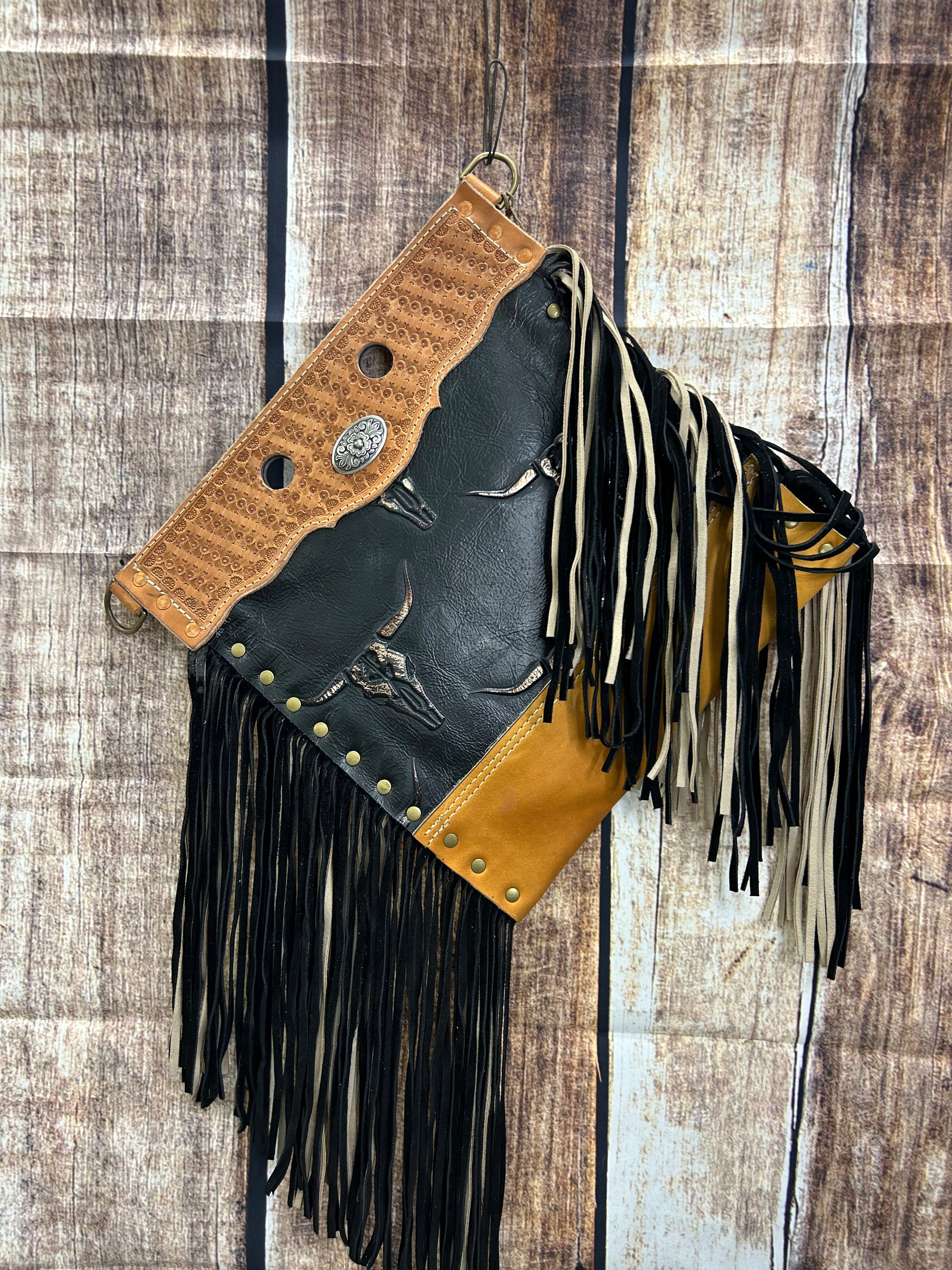Western Crossbody Purse Hand Tooled Real Leather Black Steer with Gold Accent