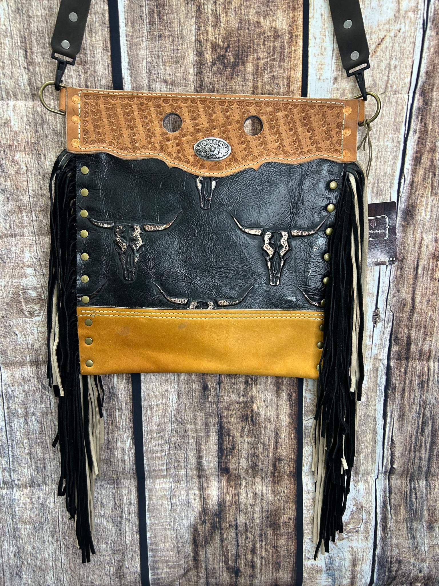 Western Crossbody Purse Hand Tooled Real Leather Black Steer with Gold Accent