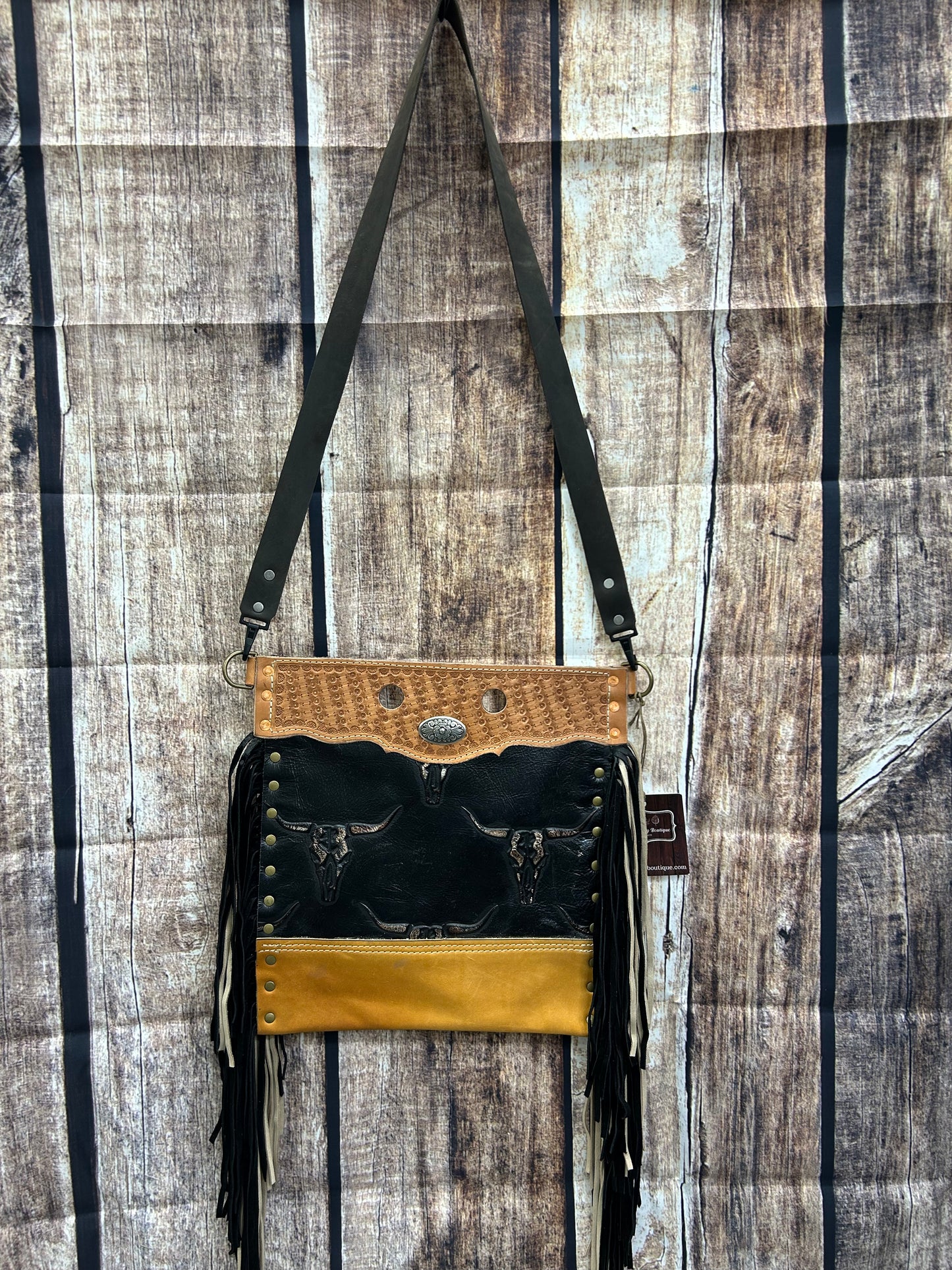 Western Crossbody Purse Hand Tooled Real Leather Black Steer with Gold Accent