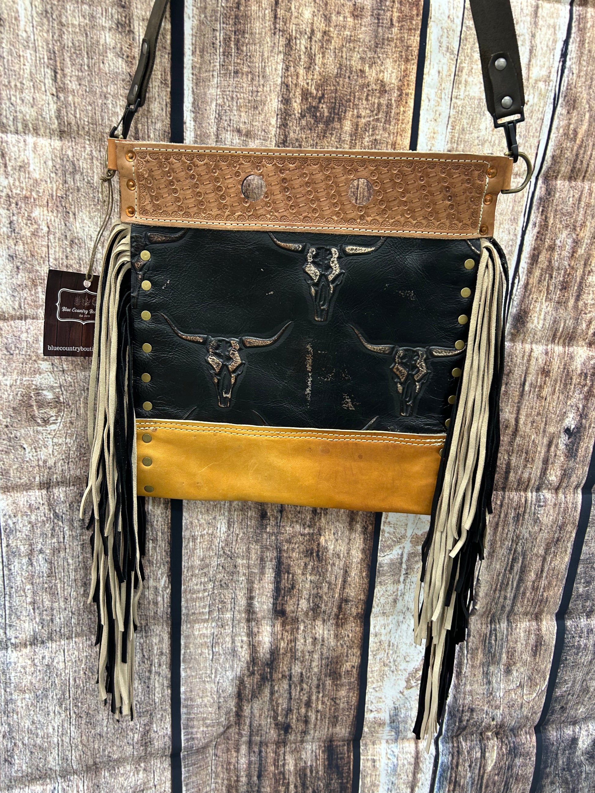 Western Crossbody Purse Hand Tooled Real Leather Black Steer with Gold Accent