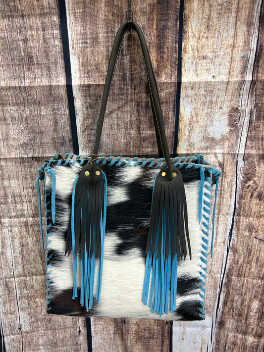 Hair On Leather Tote Bag Laced in Torqouise Suede Handmade