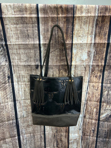 Western Black With Gold Accent Steer Leather Tote Bag Handmade