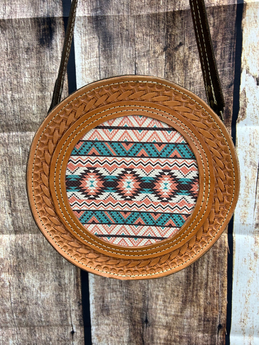 Round Rope Bag Purse Hand Stamped With Orange and Torquoise Peek-a-Boo Design