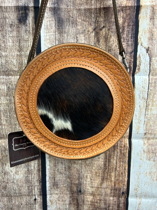 Round Rope Bag Purse Hand Stamped With Hair On Peek-a-Boo