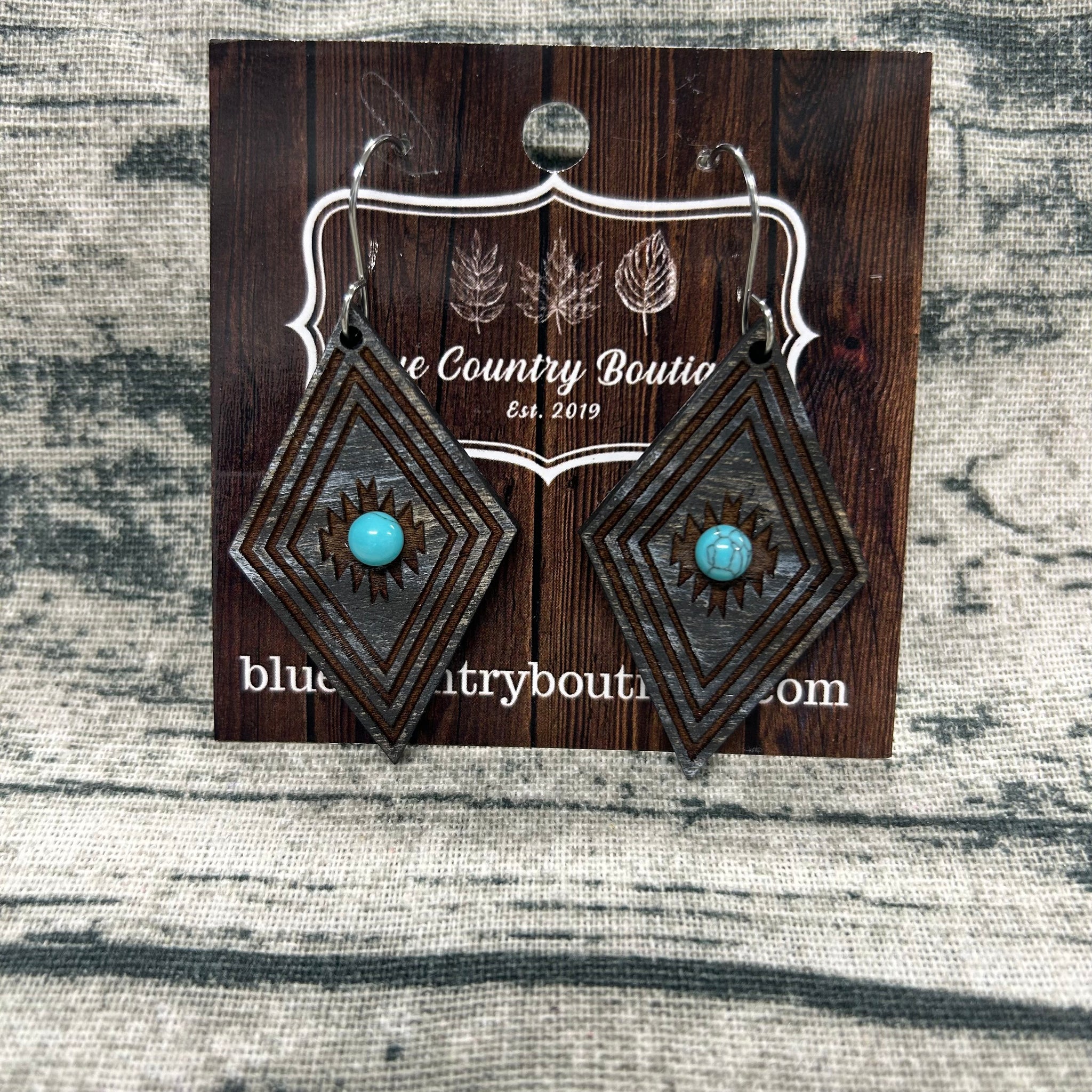 Rustic Black Diamond with Turquoise Accent Wood Earrings