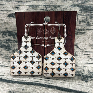 Cow Tags with Steer and Aztec Turquoise Accent Wood Earrings