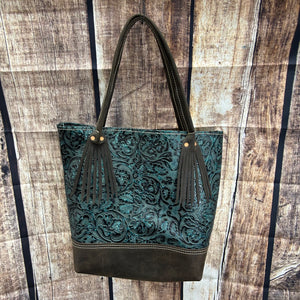 Turquoise Western Floral Leather Tote Bag Handmade