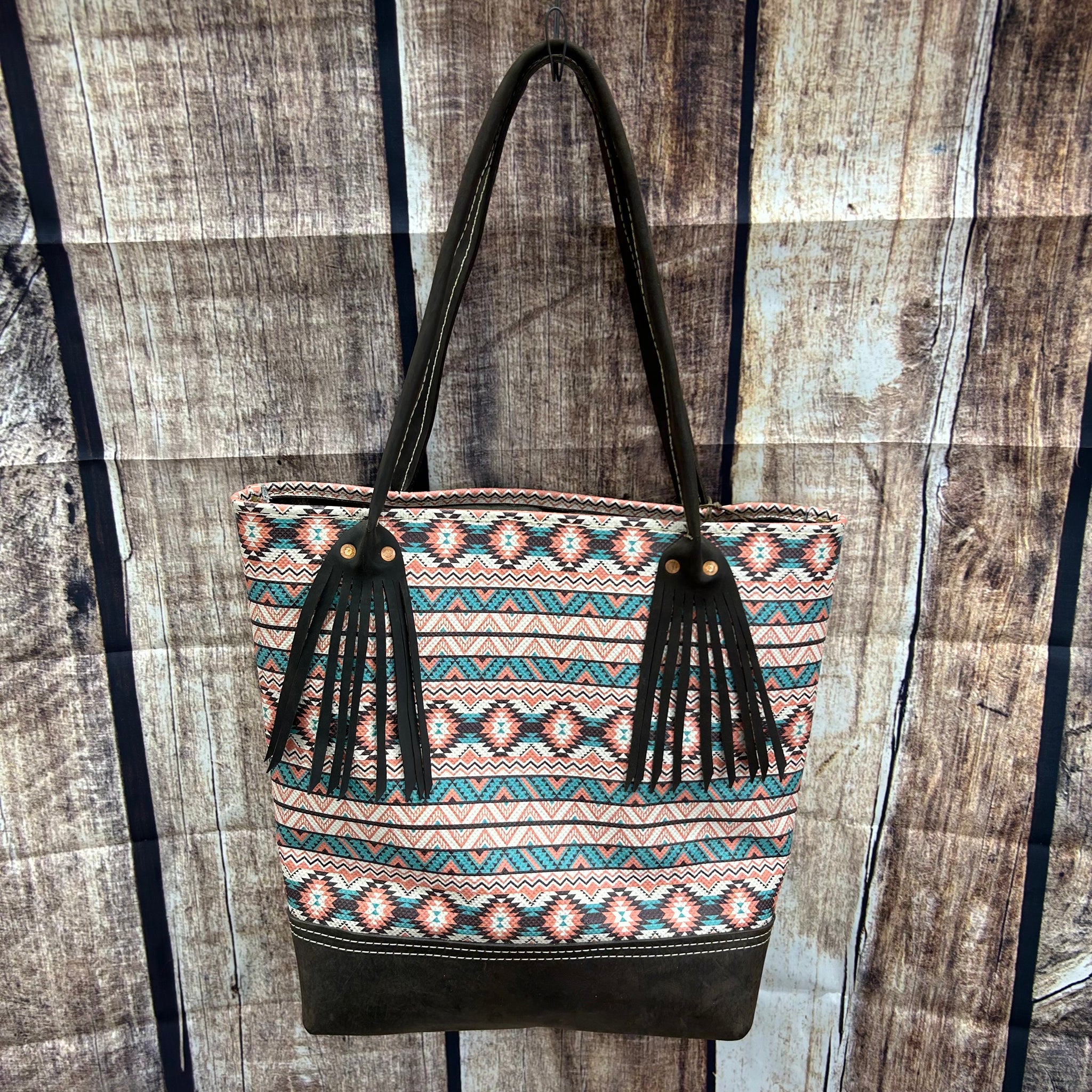 Turquoise and Orange Aztec Leather Tote Bag Handmade