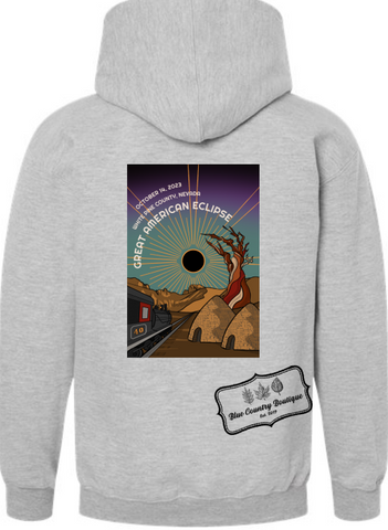 Great American Eclipse Train Scene Printed on Back of Hoodie
