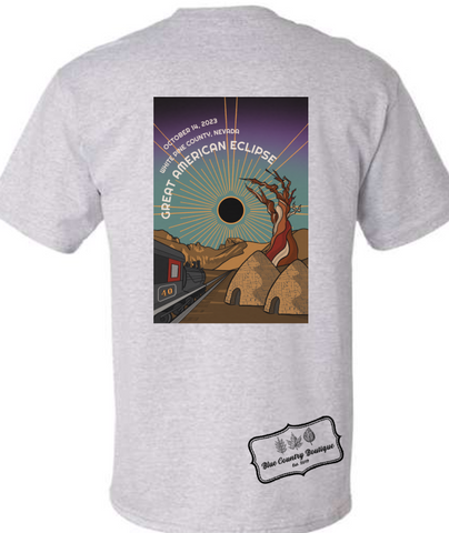 Great American Eclipse Train Scene Printed on Back of ShirtGreat American Eclipse Train Scene Printed on Back of Shirt