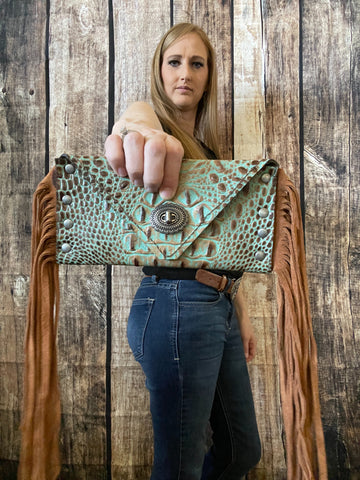 Alligator Embossed Mint and Brown Small Leather Envelope Clutch