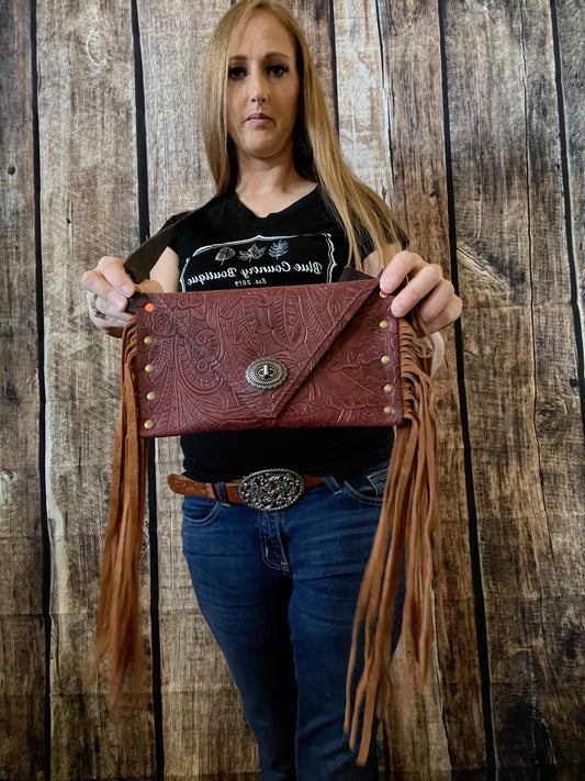 Burgundy Western Floral Leather Medium Envelope Clutch