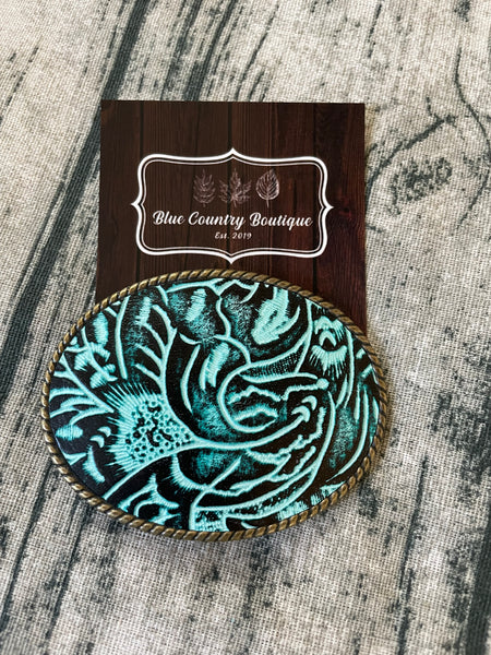 Rope Edge Turquoise Western Floral Belt Buckle