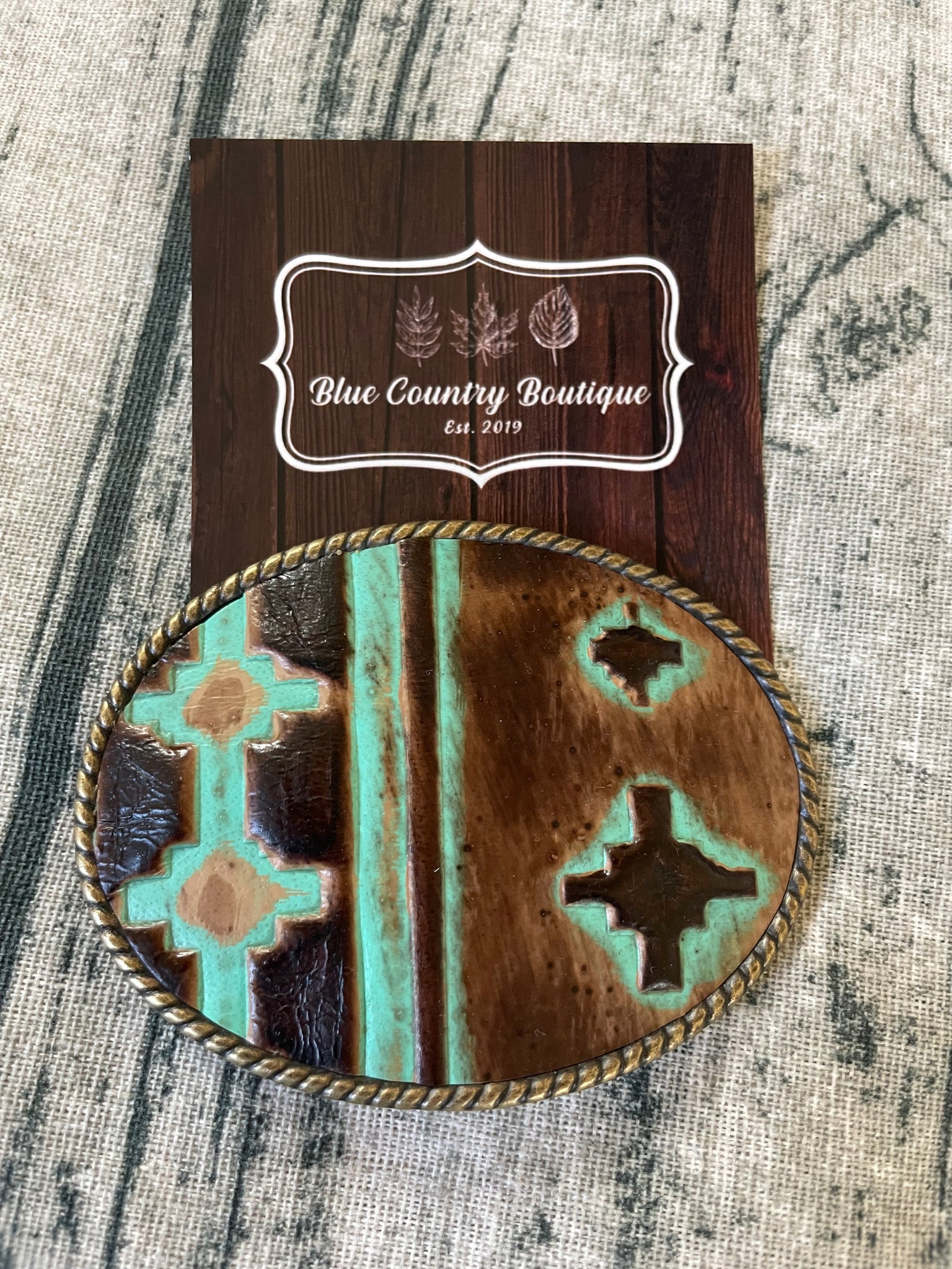 Rope Edge Teal and Brown Belt Buckle