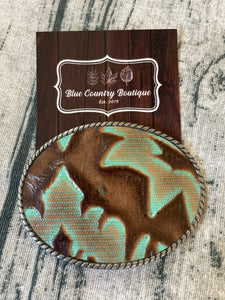 Rope Edge Southwest Accent Teal and Pecan Belt Buckle