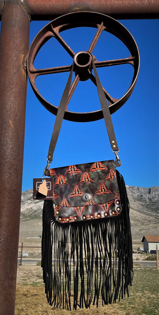 Green/Brown Small Steer Full Fringe Leather Cross Body