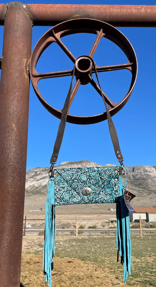 Turquoise Western Floral Leather Medium Envelope Clutch