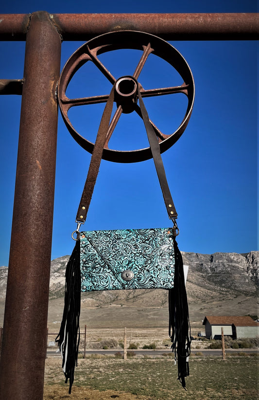 Turquoise Western Floral  Large Envelope Clutch
