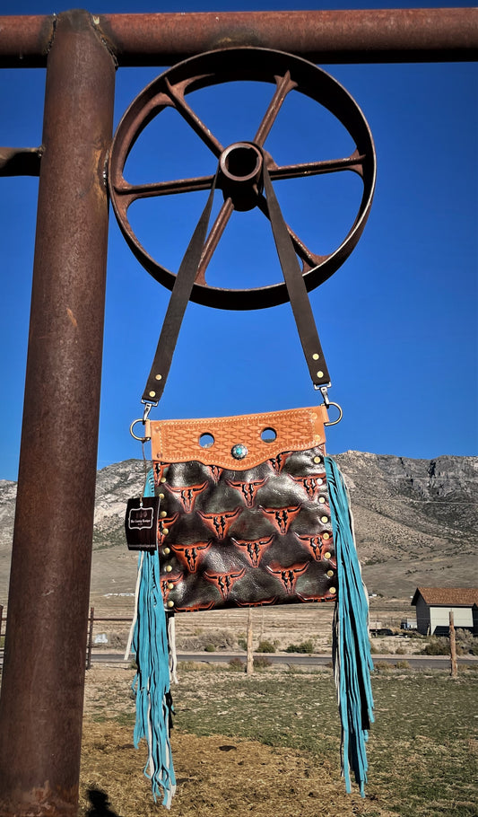 Long Horn Steer Leather ~Tooled Top~ Leather Cross Body Bag
