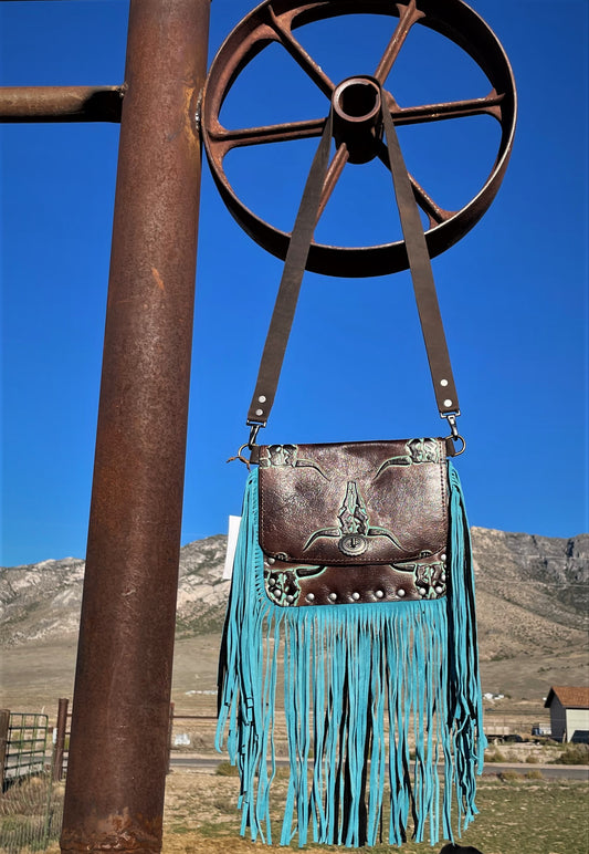 Brown/Teal Steer Full Fringe Leather Cross Body