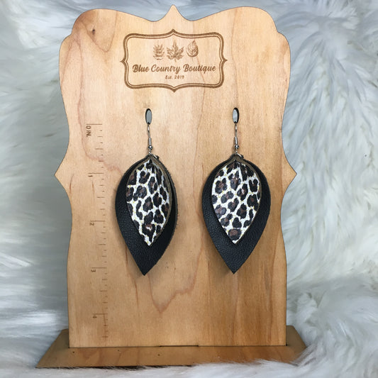 Double Petal Leopard/black Genuine Leather Earring