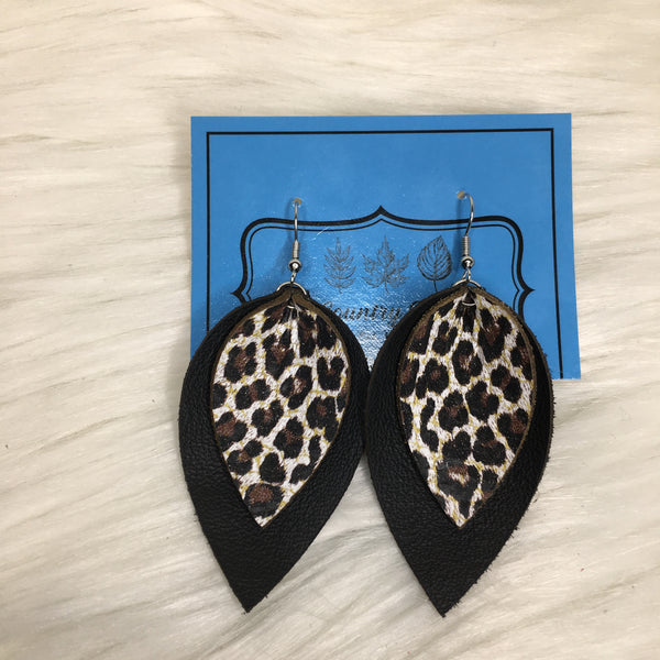 Double Petal Leopard/black Genuine Leather Earring