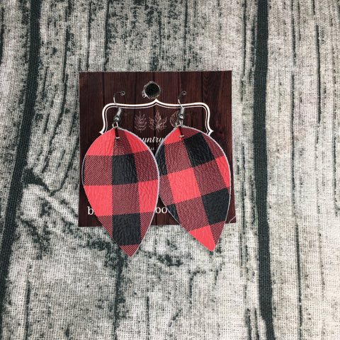 Red and Black Plaid Petal Genuine Leather Earring