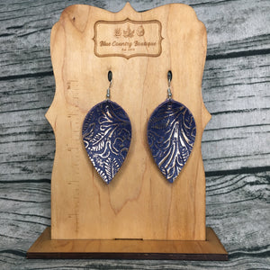 Western Navy and Gold Pinched Petal Leather Earrings