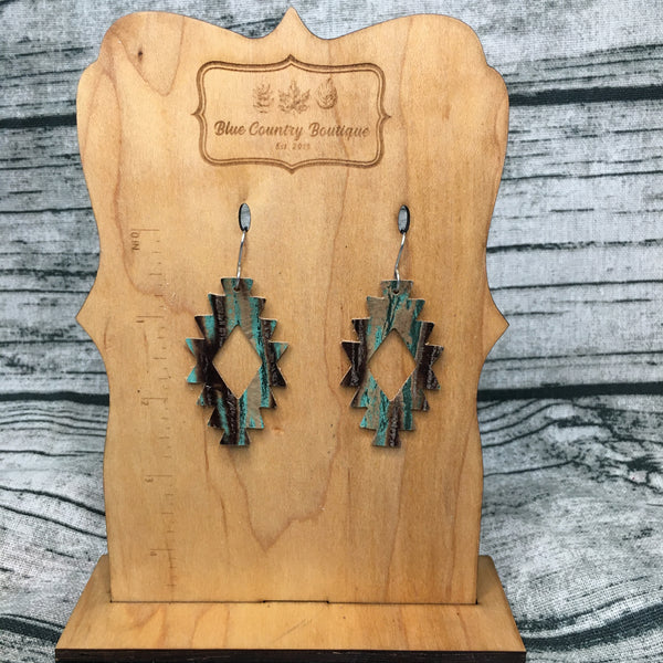 Aztec Teal/Brown Wood Grain Leather Earring