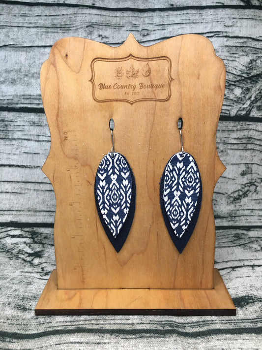 Navy & Aztec Skinny Drop Leather Earring