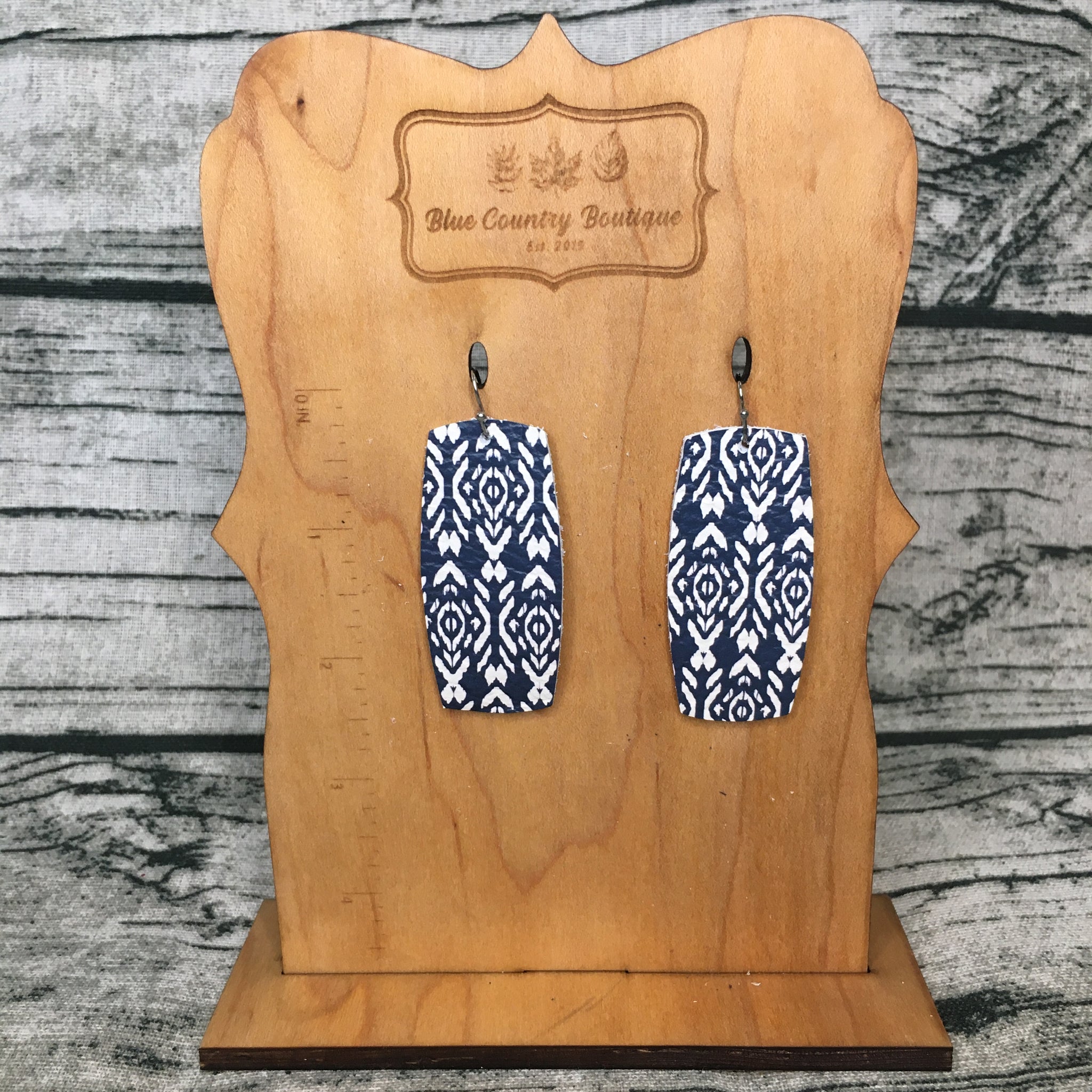 Navy Aztec Bars Leather Earring