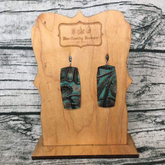 Teal/Brown Western Floral Bars Leather Earring