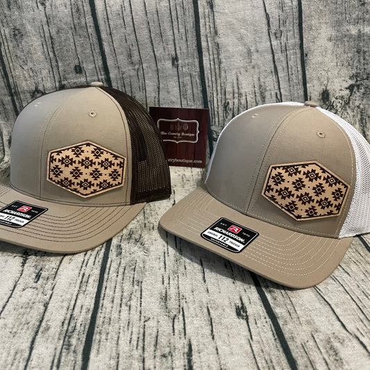 aztec leather patch on a trucker cap
