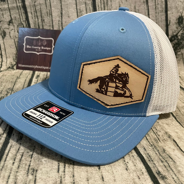 blue/white barrel racer leather patch trucker hat