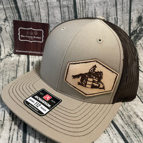 brown/tan custom barrel racing leather patch hat