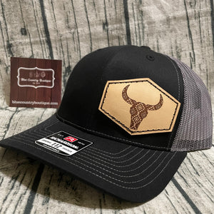 black/grey trucker cap with aztec cow leather patch
