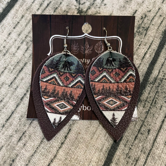 Bear/Burgundy Double Petal Leather Earring