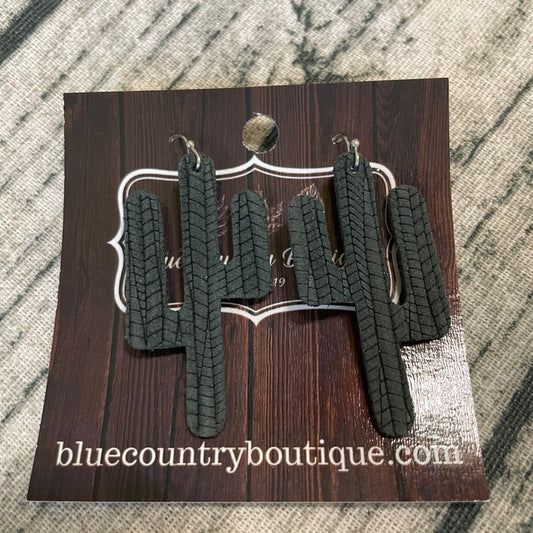 Dark Green Braid Cactus Leather Earring