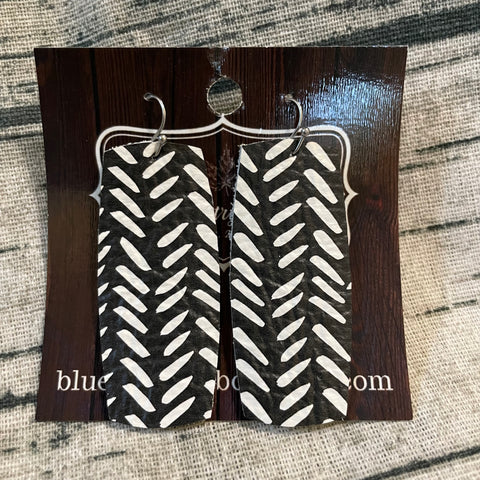 Black With White Lines Bars Leather Earrings