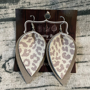 Double Petal Neutral Leopard Leather Earring