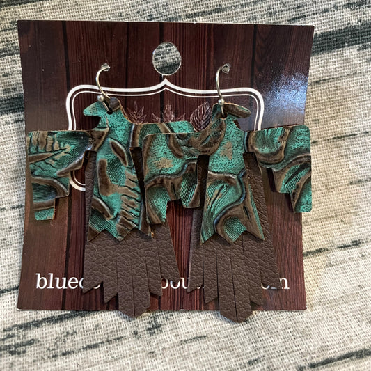 Teal Thunderbird Brown Fringe Leather Earrings